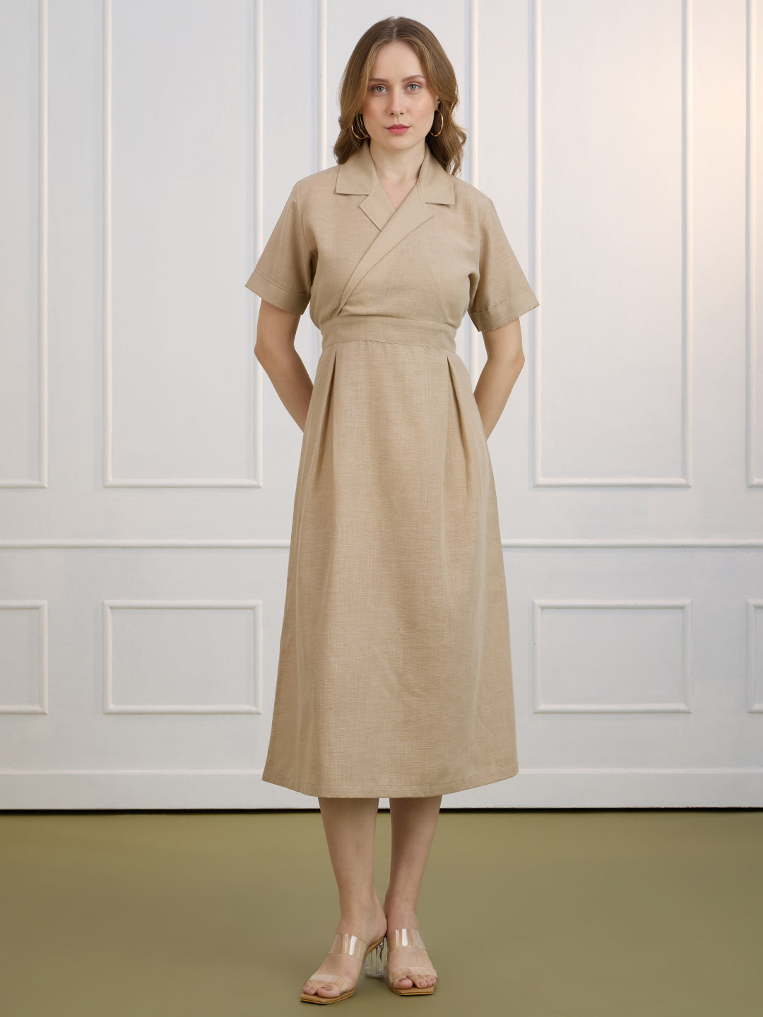AUDREY IN BEIGE COLLARED LONG DRESS