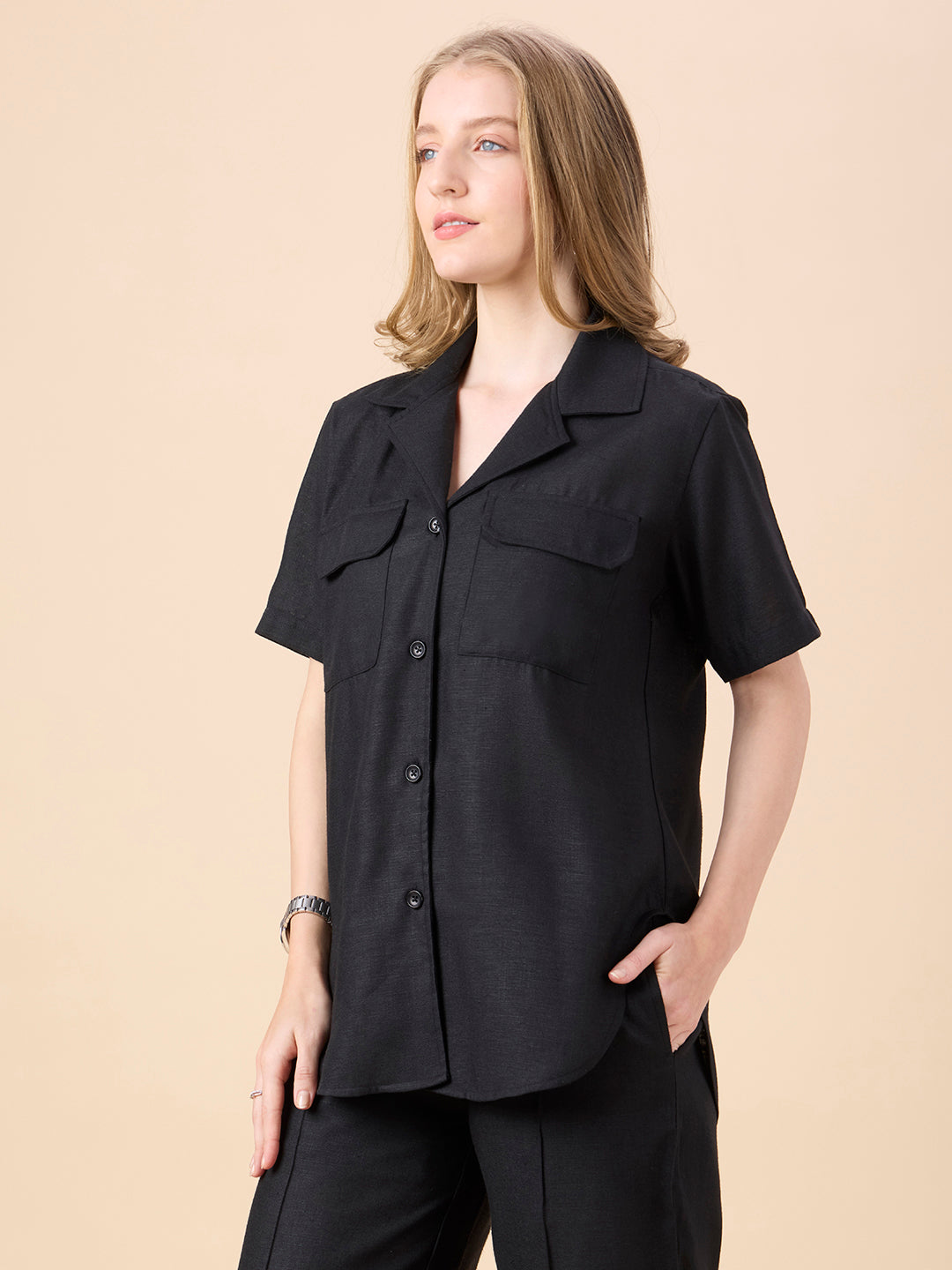 TAYLOR IN CAMP-COLLAR SHIRT WITH POCKETS BLACK