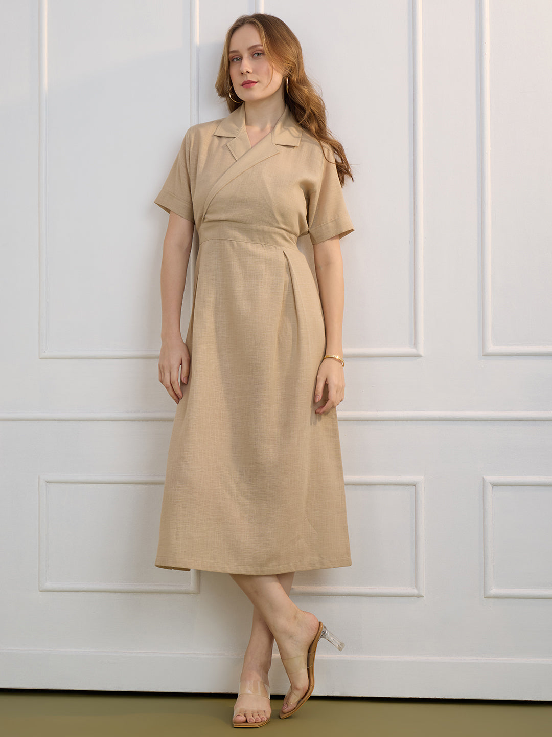 AUDREY IN BEIGE COLLARED LONG DRESS