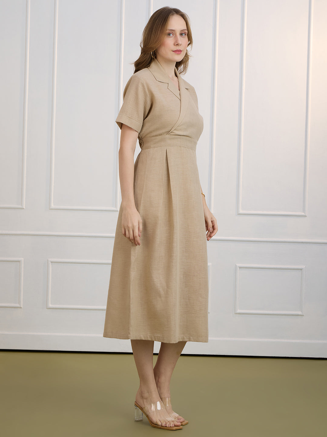 AUDREY IN BEIGE COLLARED LONG DRESS